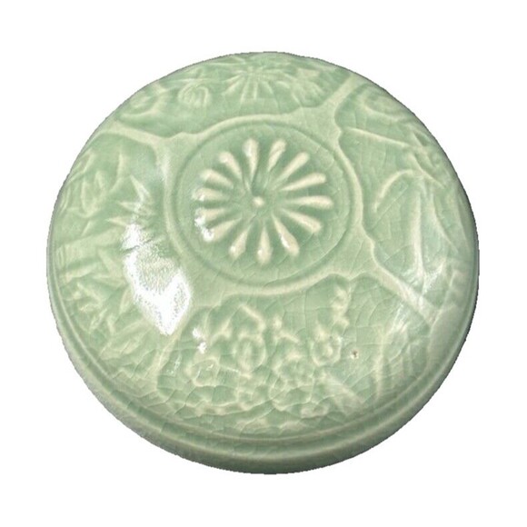 Celadon Porcelain Bamboo Floral Design Signed Caddy Pot Jar made in Korea 3 pc - Picture 11 of 12